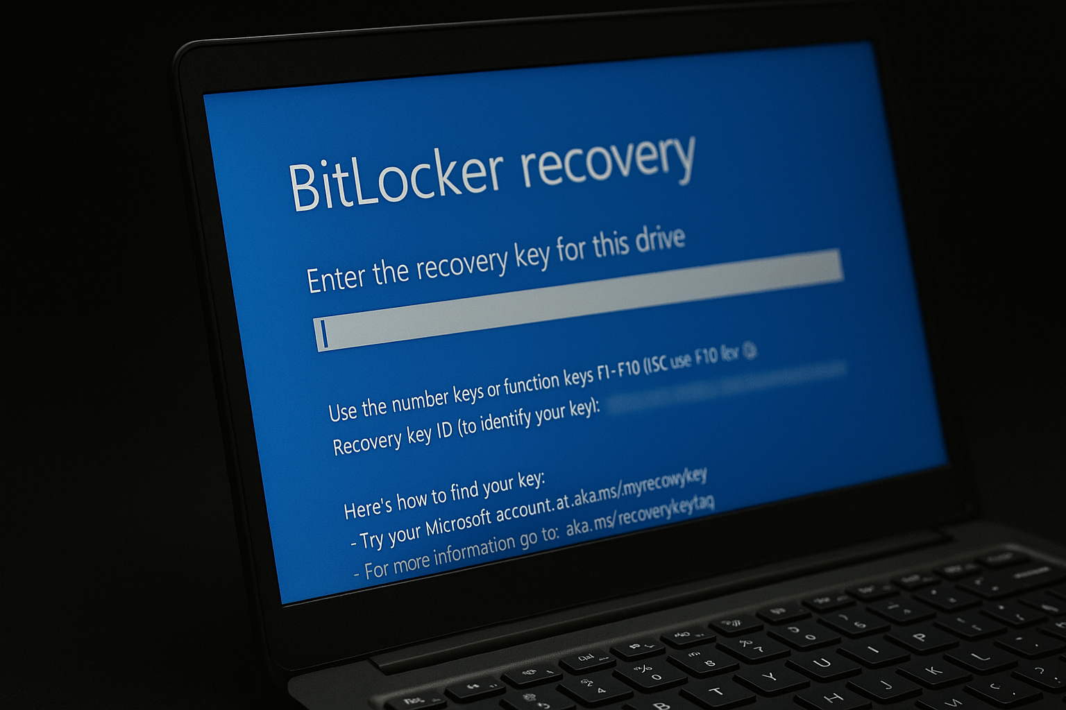 laptop displaying Bitlocker recovery screen and prompting the user to enter the recovery key